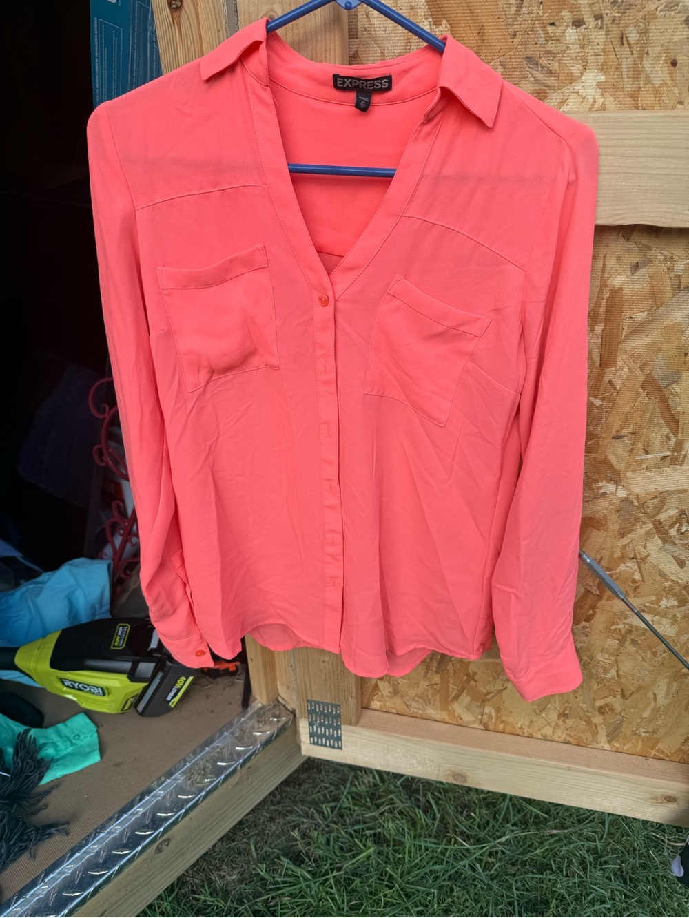 Express Women's Coral Button-Down V-Neck Blouse